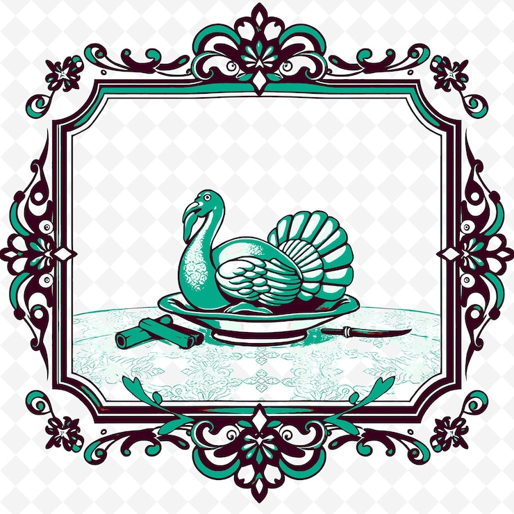 PSD frame vector with quilted table topper ceramic turkey png inspired thanksgiving decoration design