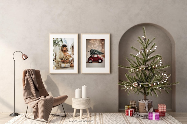 frame with christmas tree and armchair mockup design in 3d rendering