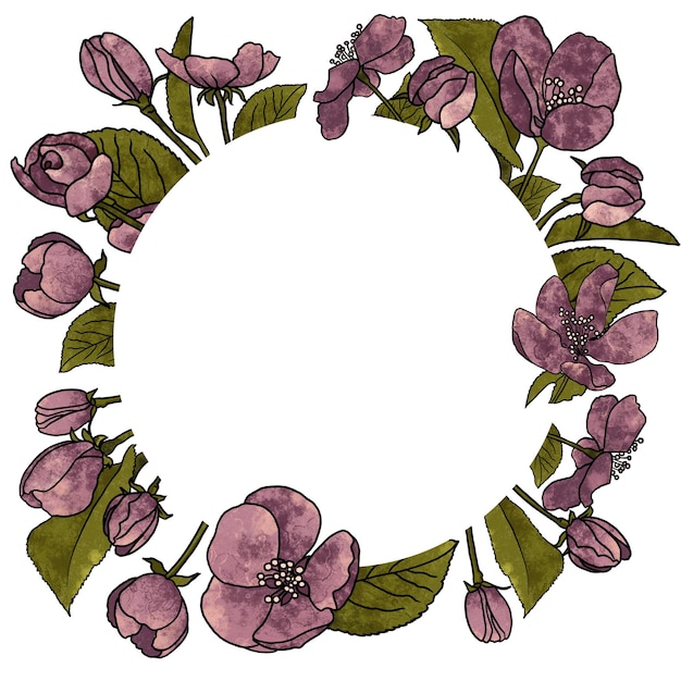 frame wreath of pink apple flowers hand drawn
