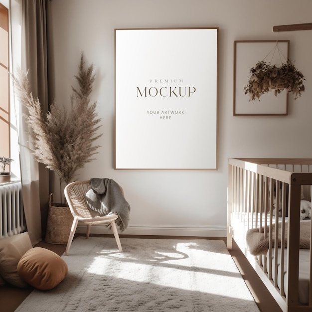 A framed poster mockup hangs on a wall in a nursery with neutral color palette