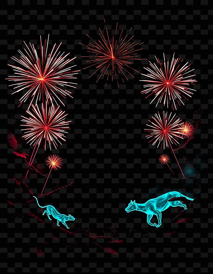 PSD frameexplosive_firecrackers_popping_wildly_glowing_neon_jungle_animals_creeping_along_the_frame_v