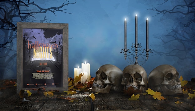 Poster horror di cornici con candele e teschi