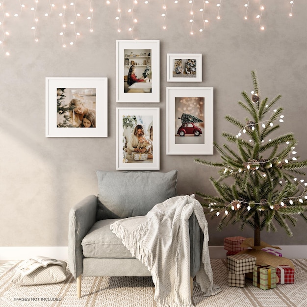 frames mockup design on wall with christmas tree in 3d rendering