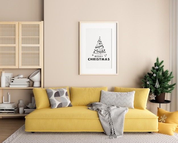 Frames mockup design on wall with christmas tree in 3d rendering