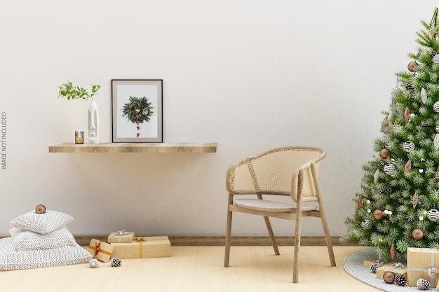 PSD frames mockup design on wall with christmas tree in 3d rendering