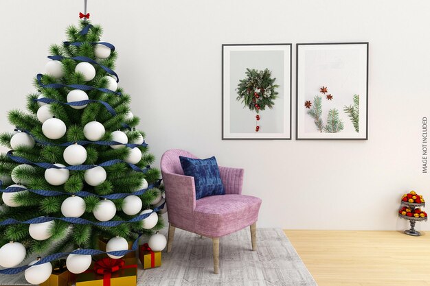 PSD frames mockup design on wall with christmas tree in 3d rendering