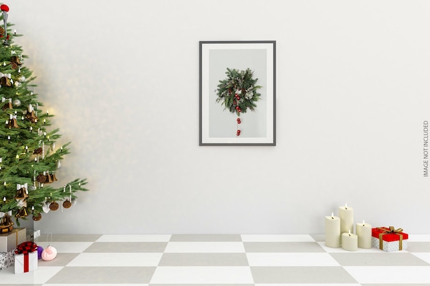 3d 렌더링에서 크리스마스 트리가 있는 벽에 프레임 모형 디자인