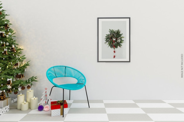 Frames mockup design on wall with christmas tree in 3d rendering