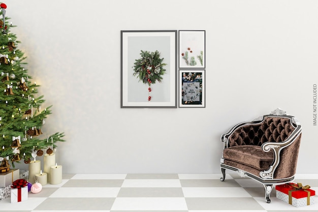 PSD frames mockup design on wall with christmas tree in 3d rendering