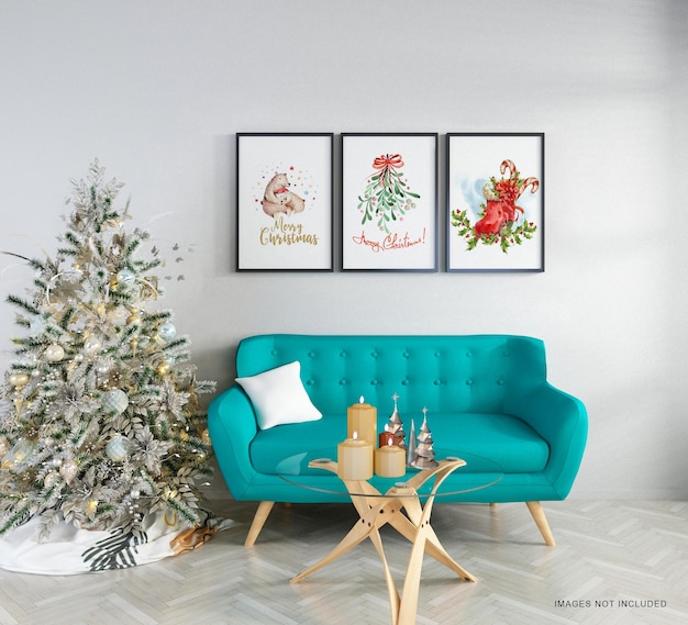 PSD frames mockup design on wall with christmas tree in 3d rendering