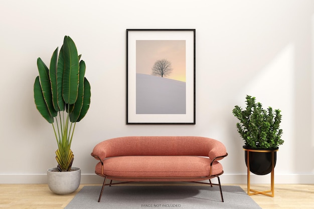 Frames mockup design with sofa and plants in 3d rendering