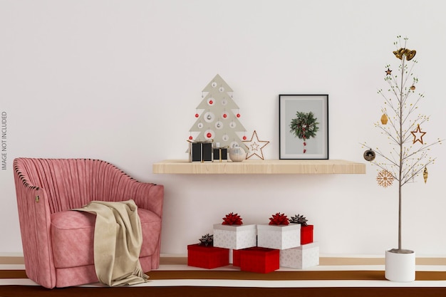 Frames mockup-ontwerp op muur met kerstboom in 3D-rendering