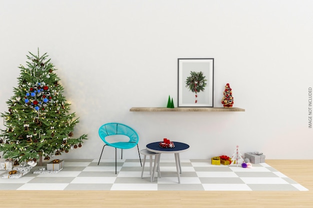 PSD frames mockup-ontwerp op muur met kerstboom in 3d-rendering