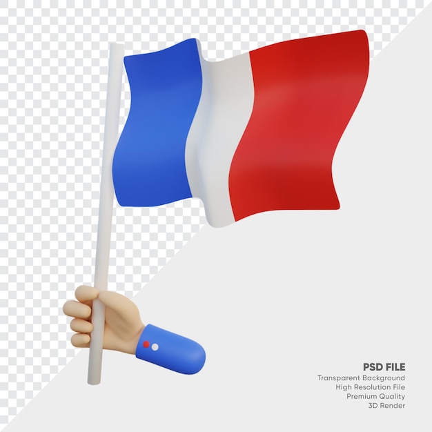 Illustrazione 3d della bandiera della francia con la mano che lo tiene