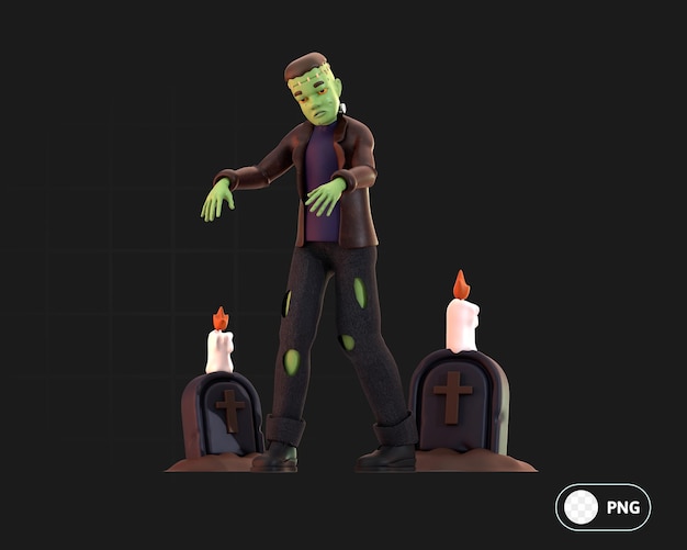 PSD frankenstein met grafstenen en kaarsen 3d illustratie