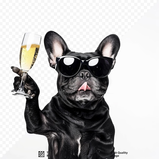 Franse bulldog hond oud en nieuw vieren met champagne glas overwinning en vredesvinger geïsoleerd op een witte geïsoleerde achtergrond