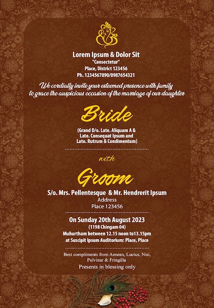 Free Elegant Minimal Indian Culture Brown Wedding Invitation Card Template