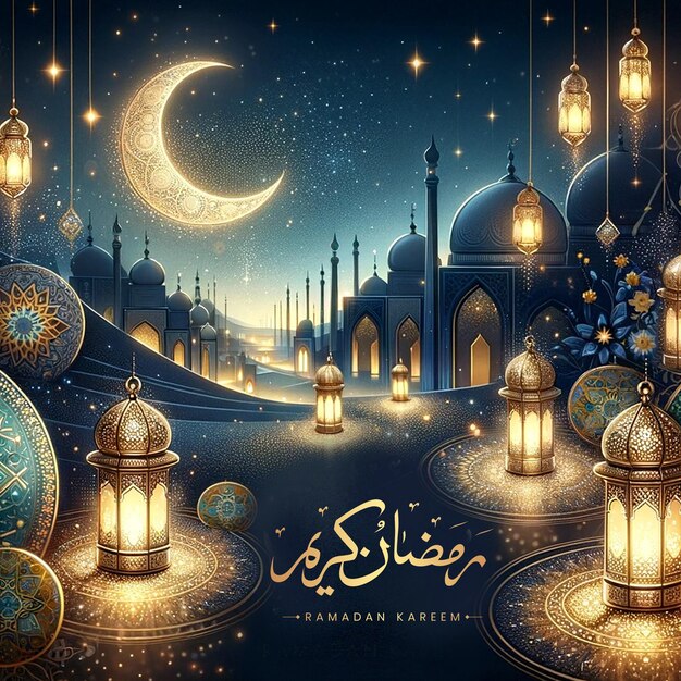 Vettore di lusso gratuito saluto realistico ramadan kareem mubarak arabo ramazan banner post calligrafia