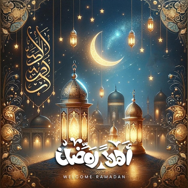 PSD Бесплатная роскошная векторная реалистичная приветствие рамадан карим мубарак арабский рамазан баннер пост каллиграфия