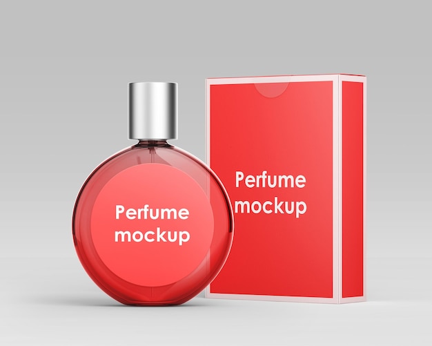 PSD mockup psd gratuito una bottiglia rossa di profumo è accanto a una scatola rossa