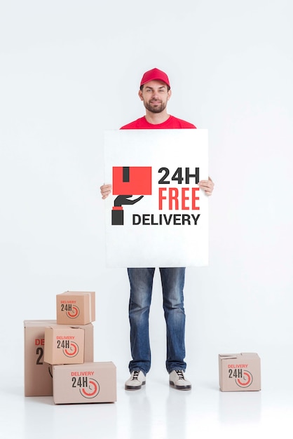 Free non-stop delivery holding a mock-up