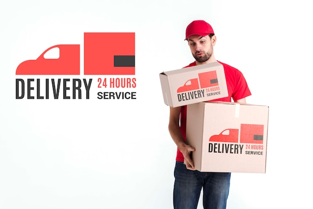 PSD free non-stop delivery man holding the boxes