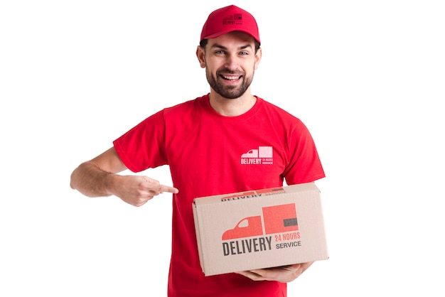 Free non-stop delivery man pointing to a box