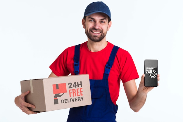 PSD free non-stop delivery man with mobile phone