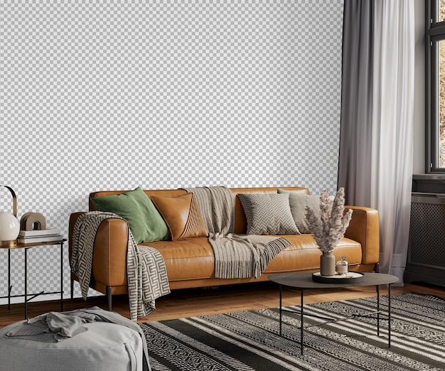 PSD free png wallpaper mockup in living room interior with sofa isolated on transparent background