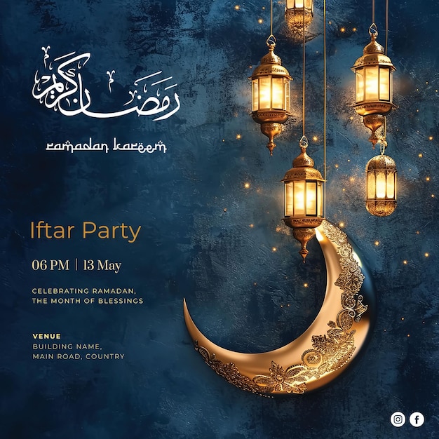 Free psd 3d ramadan kareem social banner template with crescent and islamic lanterns