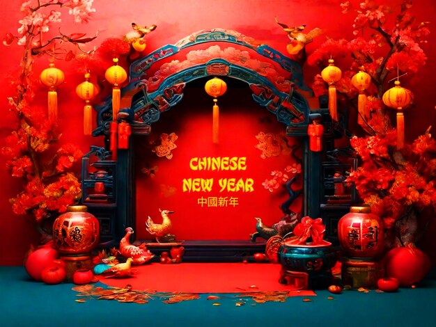 Free psd chinese new year celebration with dragon lantern hen