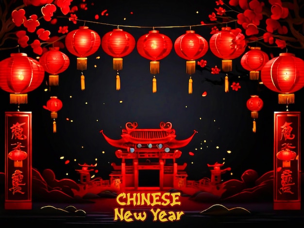 Free psd chinese new year red lantern in the night with dark background