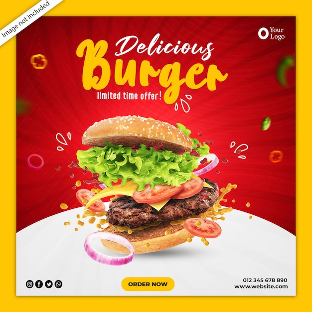 Шаблон сообщения в социальных сетях Delicious Burger Бесплатно PSD Файл