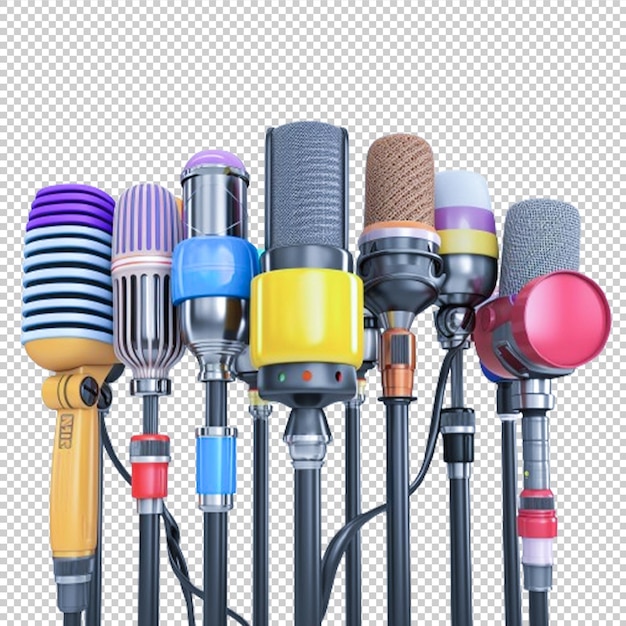 Free psd different multicolored press conference microphones transparent background