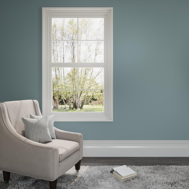 Free PSD een woonkamer met een witte stoel en een boek op de vloer