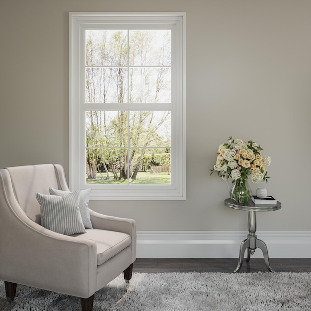 Free PSD een woonkamer met een witte stoel en een foto op de muur