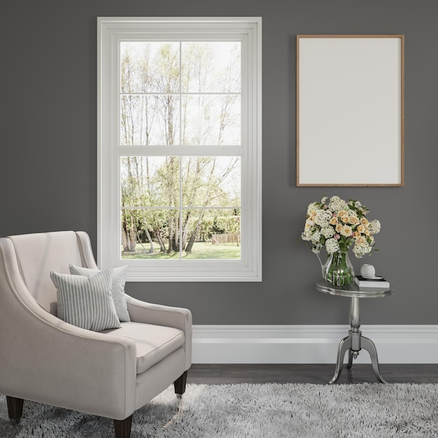 Free PSD een woonkamer met een witte stoel en een foto op de muur