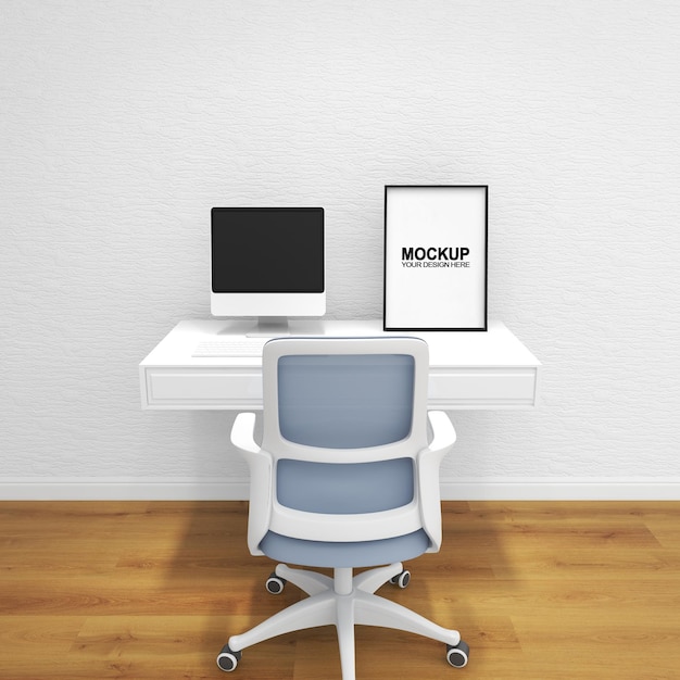 PSD design d'interni per home office mockup cornice psd gratuita con cornice bianca sul tavolo del desktop