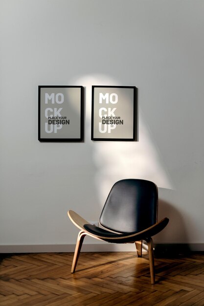 PSD 흰 벽과 의자 모형 디자인의 무료 psd 프레임