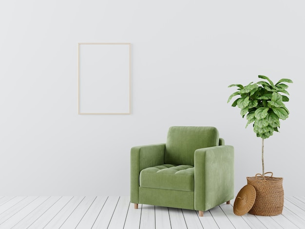 Free PSD a green chair in a white room with a plant on the wall