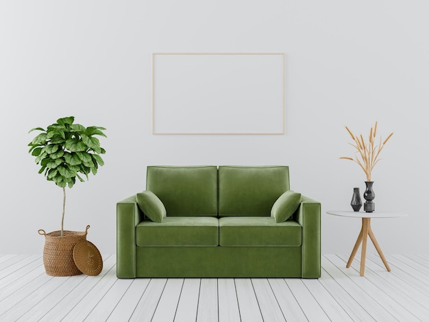 PSD free psd a green couch in a living room with a white wall and a plant on the right side