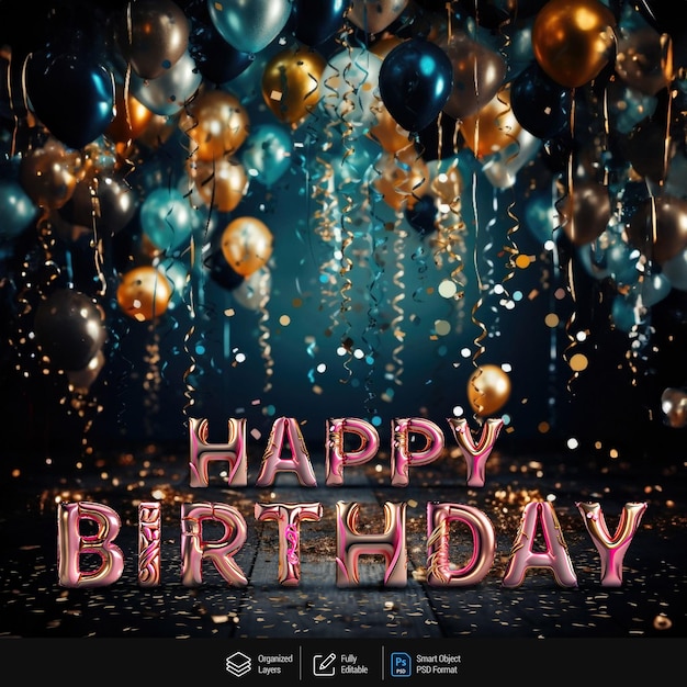 PSD free psd happy birthday 3d text in balloons effect beautiful celebration background