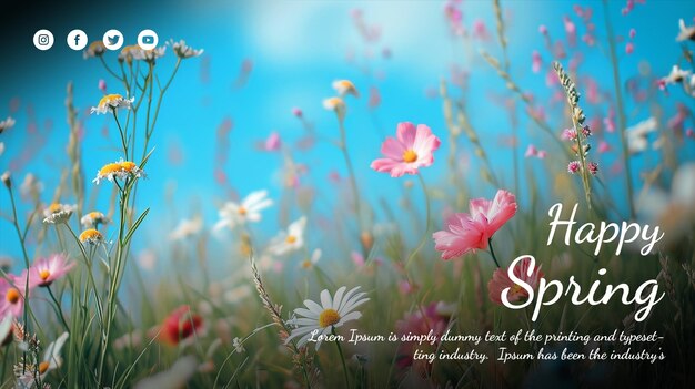 Free psd happy spring floral background hello spring social media poster