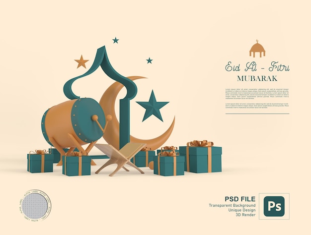 Free PSD islamic ramadan kareem and eid mubarak greeting background with crescent and lantern orname