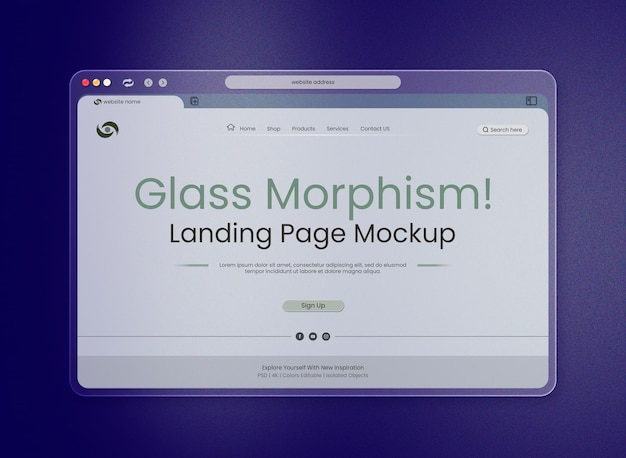 PSD free psd landing page mockup interface presentation with glass browser on deep blue backdrop