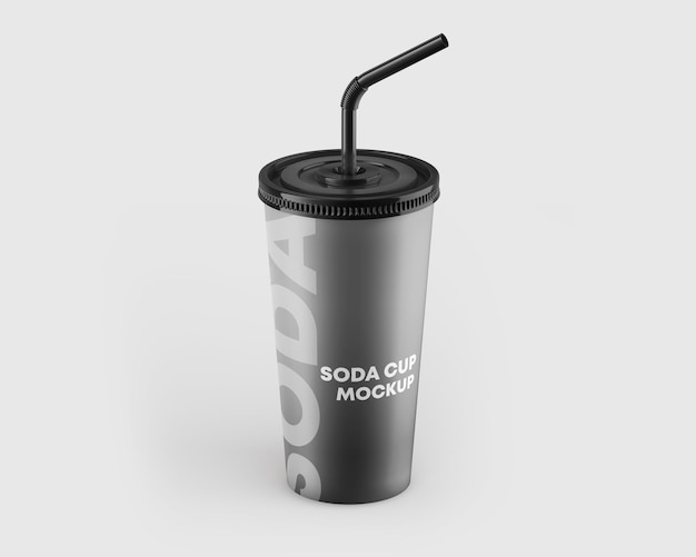 PSD free psd mockup a black and silver drink cup with a straw that says soda mockup