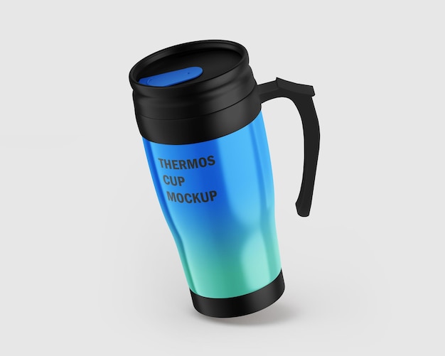 PSD mockup psd gratuito di una tazza blu e nera con la scritta thermos in blu