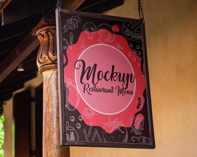 PSD free psd mockup a sign for mockery restaurant hangs from a ceiling