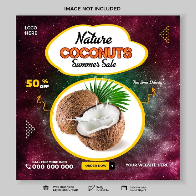 Free PSD Nature coconuts social media post design template