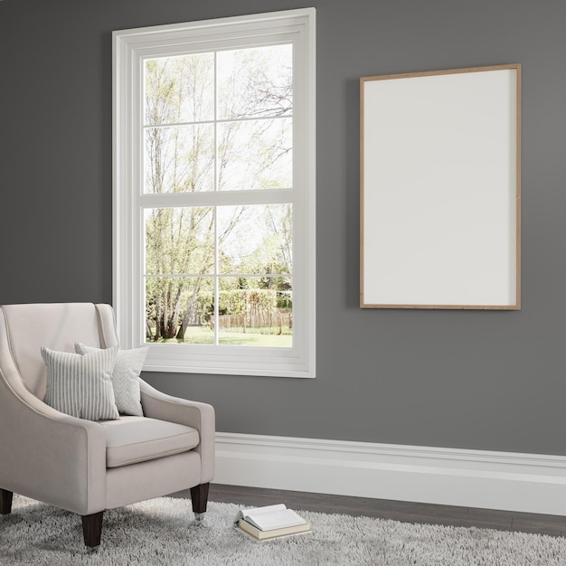 free psd a picture on a wall with a white frame and a picture of a tree in the background